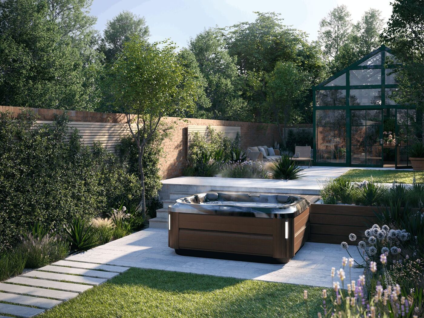A Jacuzzi hot tub on a modern backyard patio at dusk