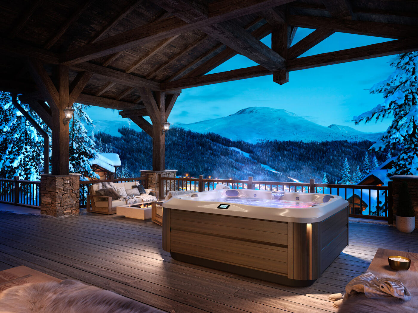 A Jacuzzi hot tub on a mountain-view deck
