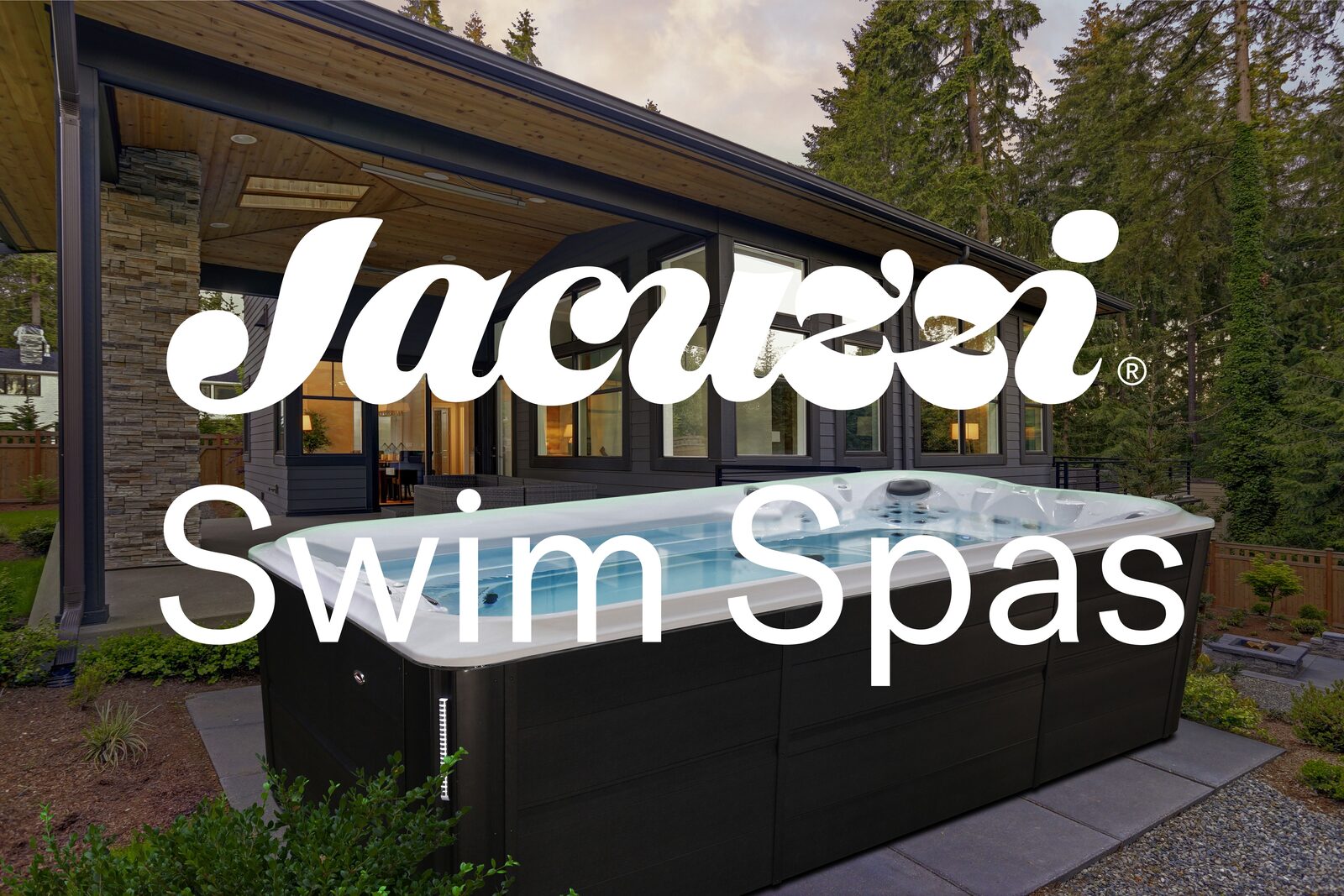 A Jacuzzi swim spa in a landscaped backyard